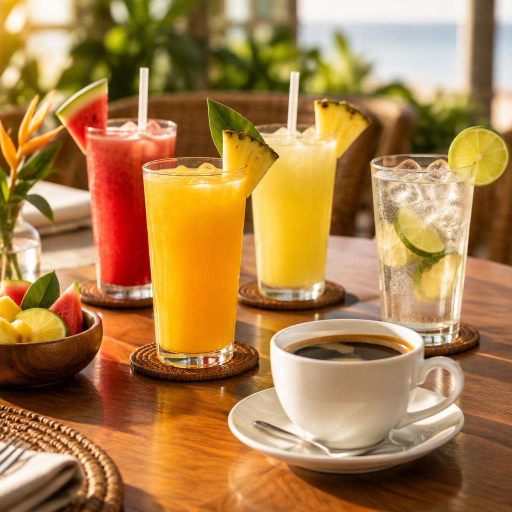 Sumos naturais, água e café