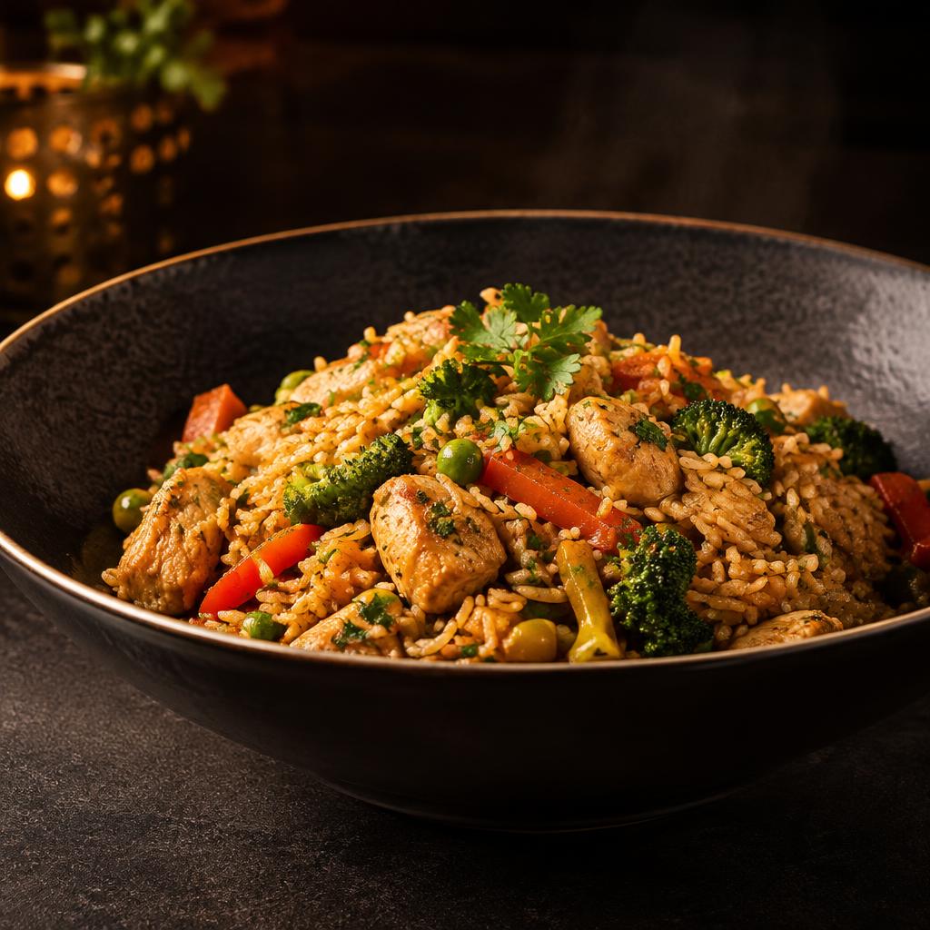 Prato de arroz com frango e legumes