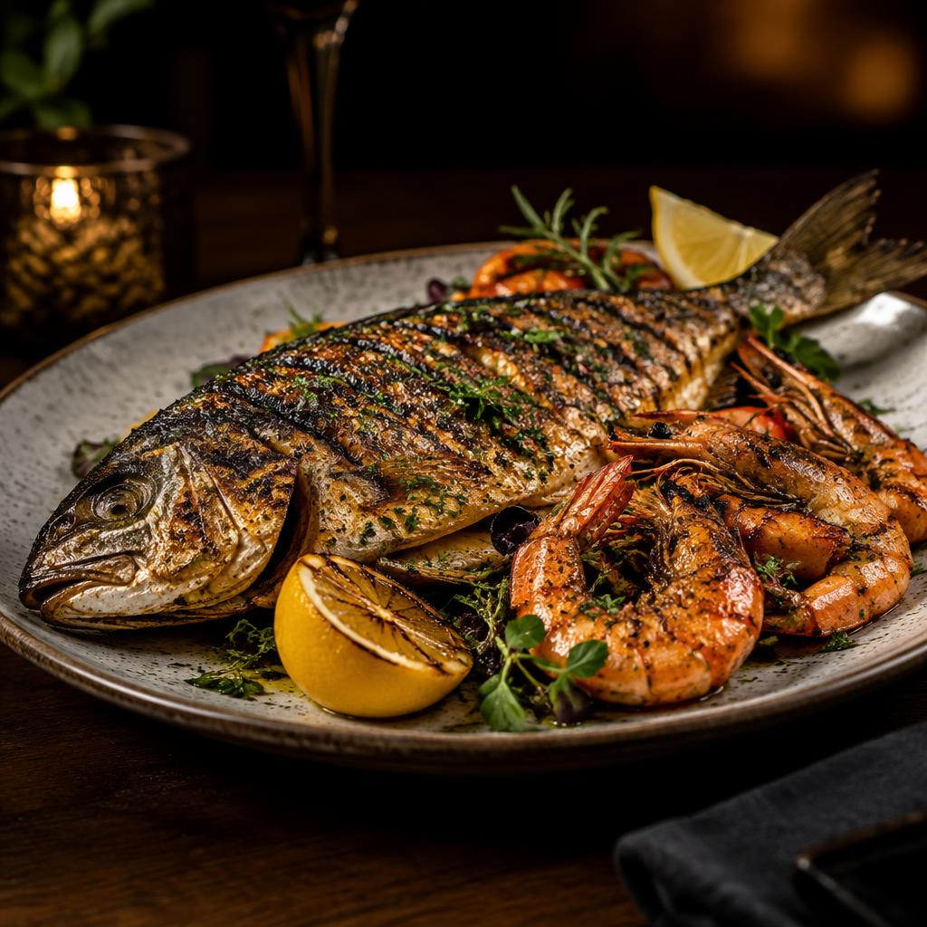 Peixe grelhado com camarões e limão